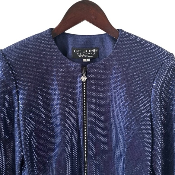 St. John Couture Dark Blue Paillette and Crystal 3/4 Sleeve Knit Jacket Size 2 - Picture 2 of 11